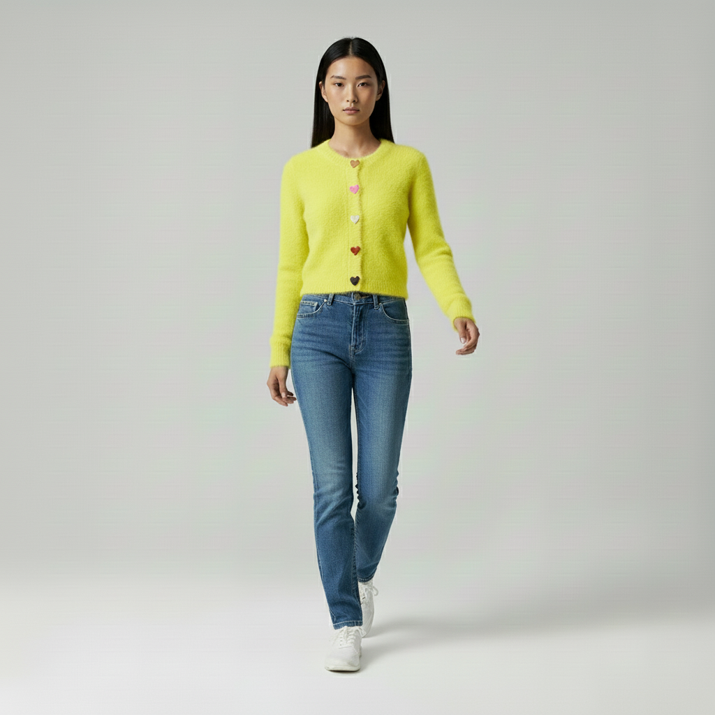 Zacht Gehaakt Dames Vest – Pluis Knitwear met Hartknopen