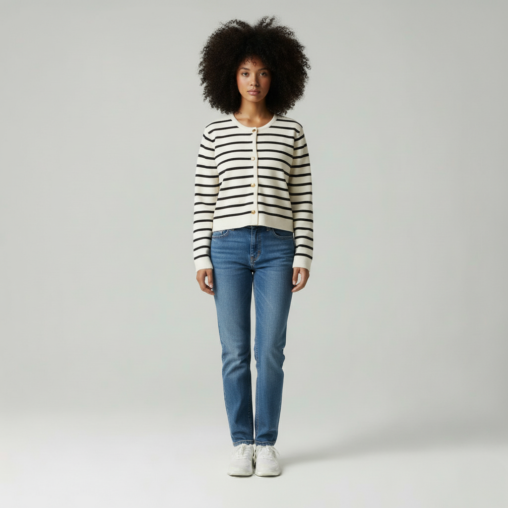 Gebreid Dames Vest – Gestreepte Cardigan – Trendy Knitwear