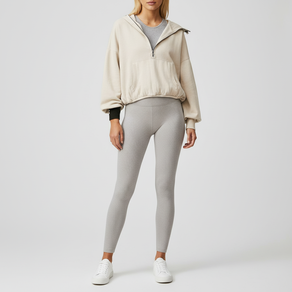 Casual Dames Hoodie – Half Zip, Zakken en Verlaagde Schouder