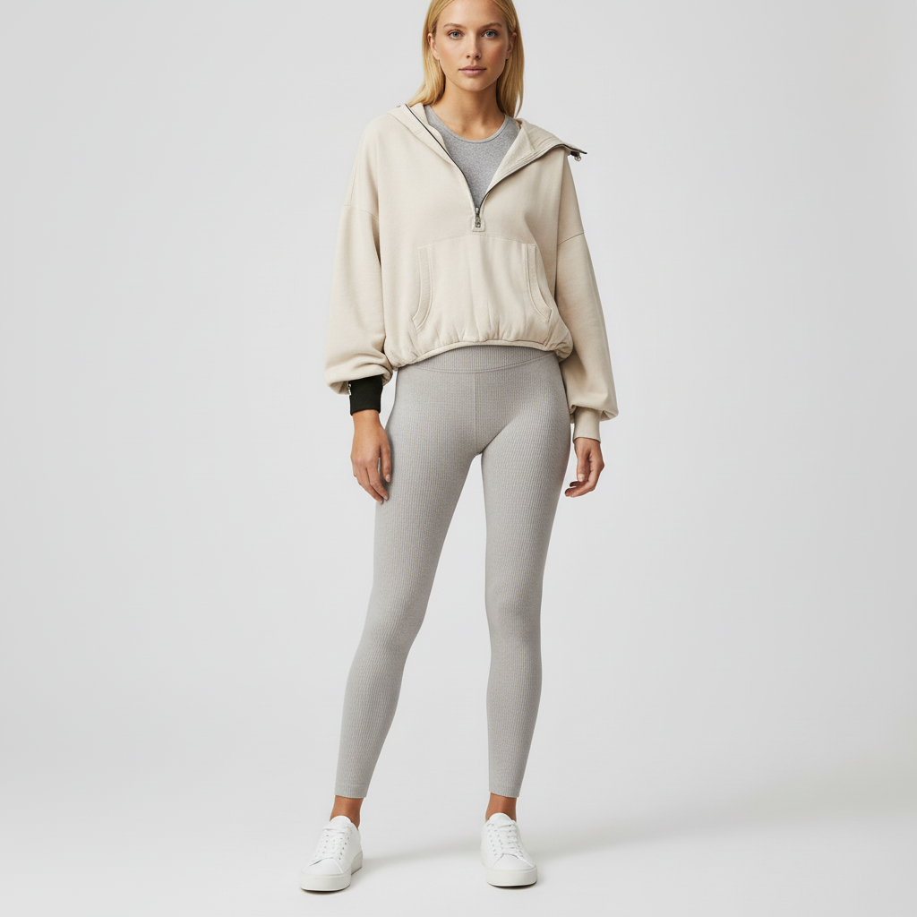 Casual Dames Hoodie – Half Zip, Zakken en Verlaagde Schouder