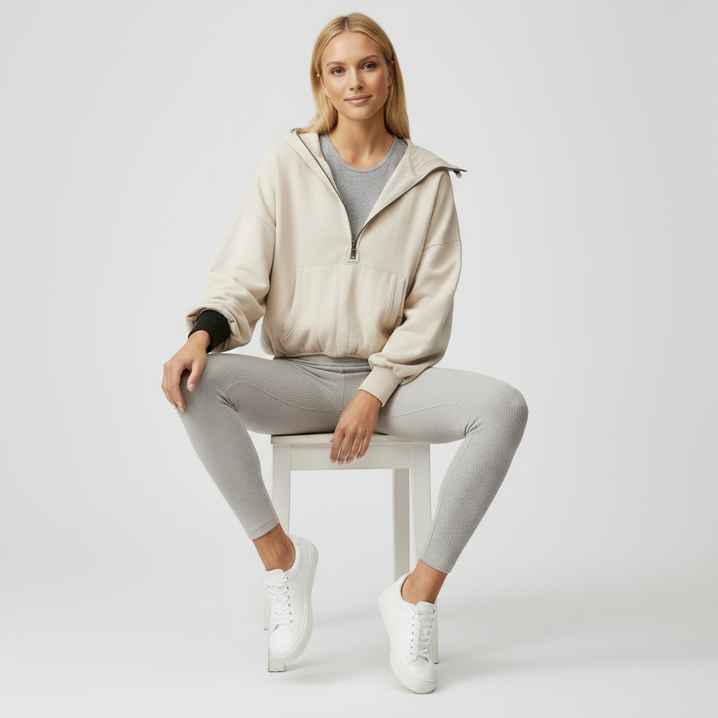 Casual Dames Hoodie – Half Zip, Zakken en Verlaagde Schouder