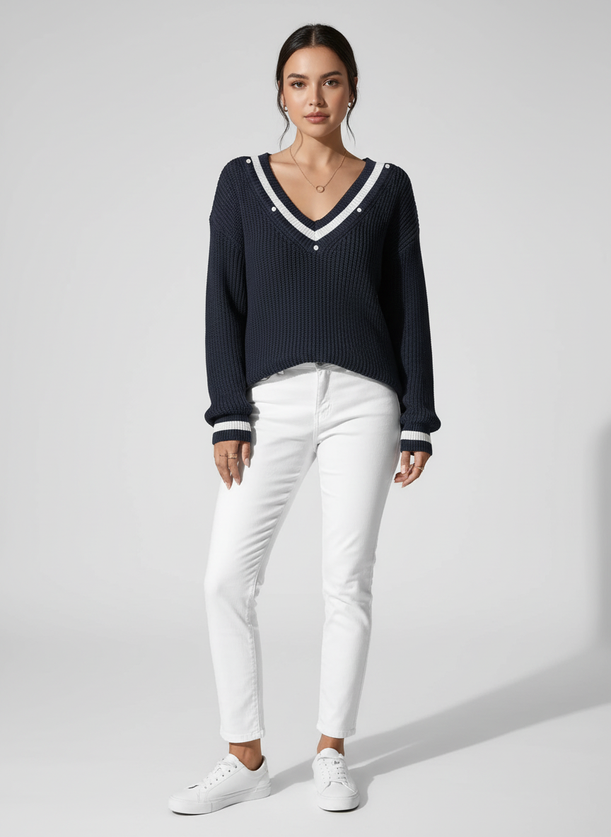 V-Hals Dames Trui – Gebreide Sweater met Pareldetails Chic