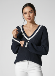 V-Hals Dames Trui – Gebreide Sweater met Pareldetails Chic