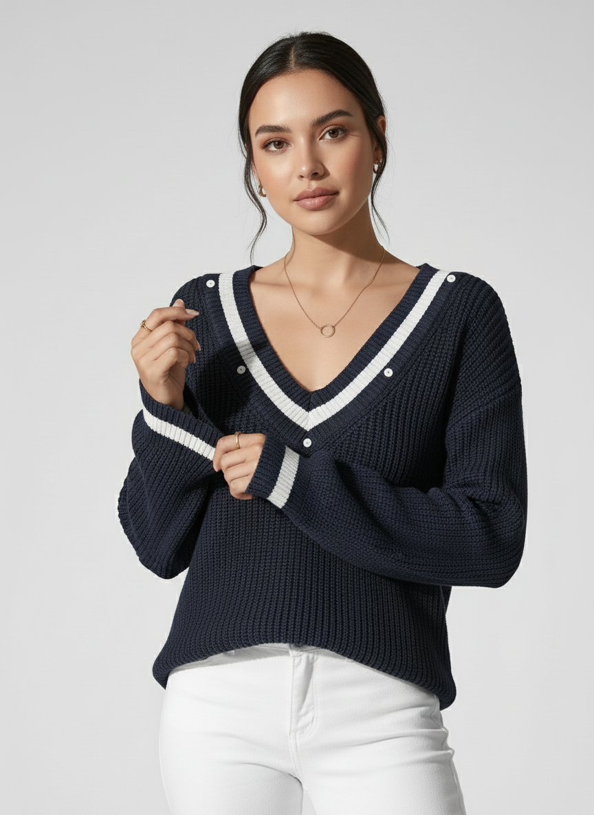 V-Hals Dames Trui – Gebreide Sweater met Pareldetails Chic