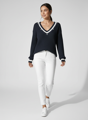 V-Hals Dames Trui – Gebreide Sweater met Pareldetails Chic