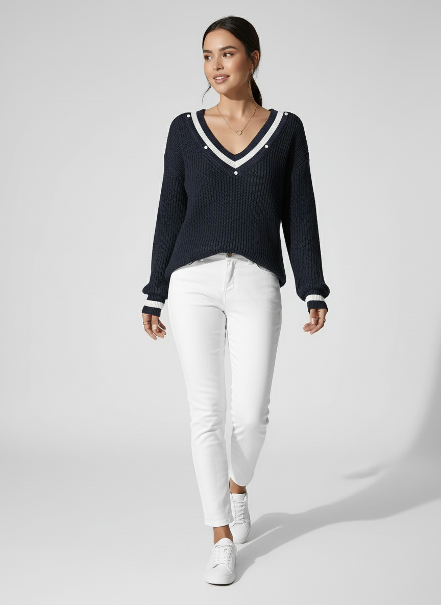 V-Hals Dames Trui – Gebreide Sweater met Pareldetails Chic