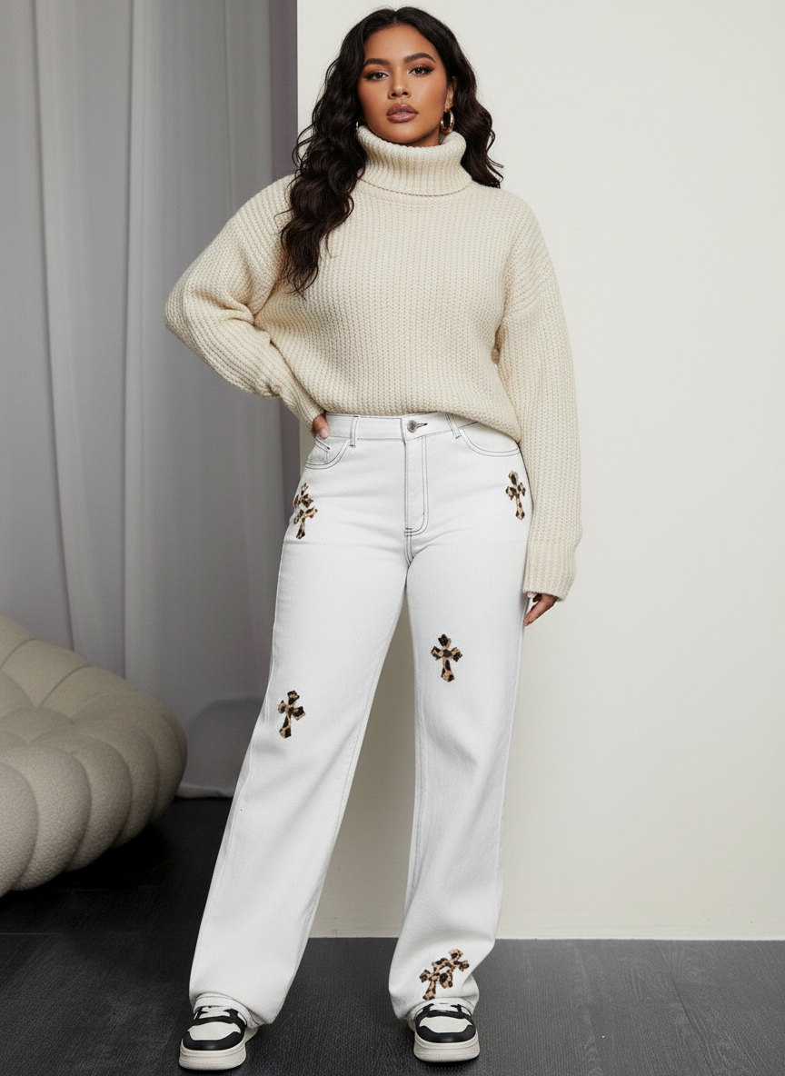 Straight Jeans met Luipaardkruis Details