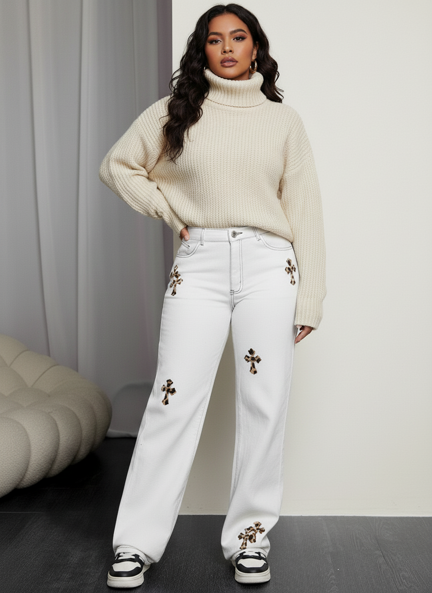 Straight Jeans met Luipaardkruis Details