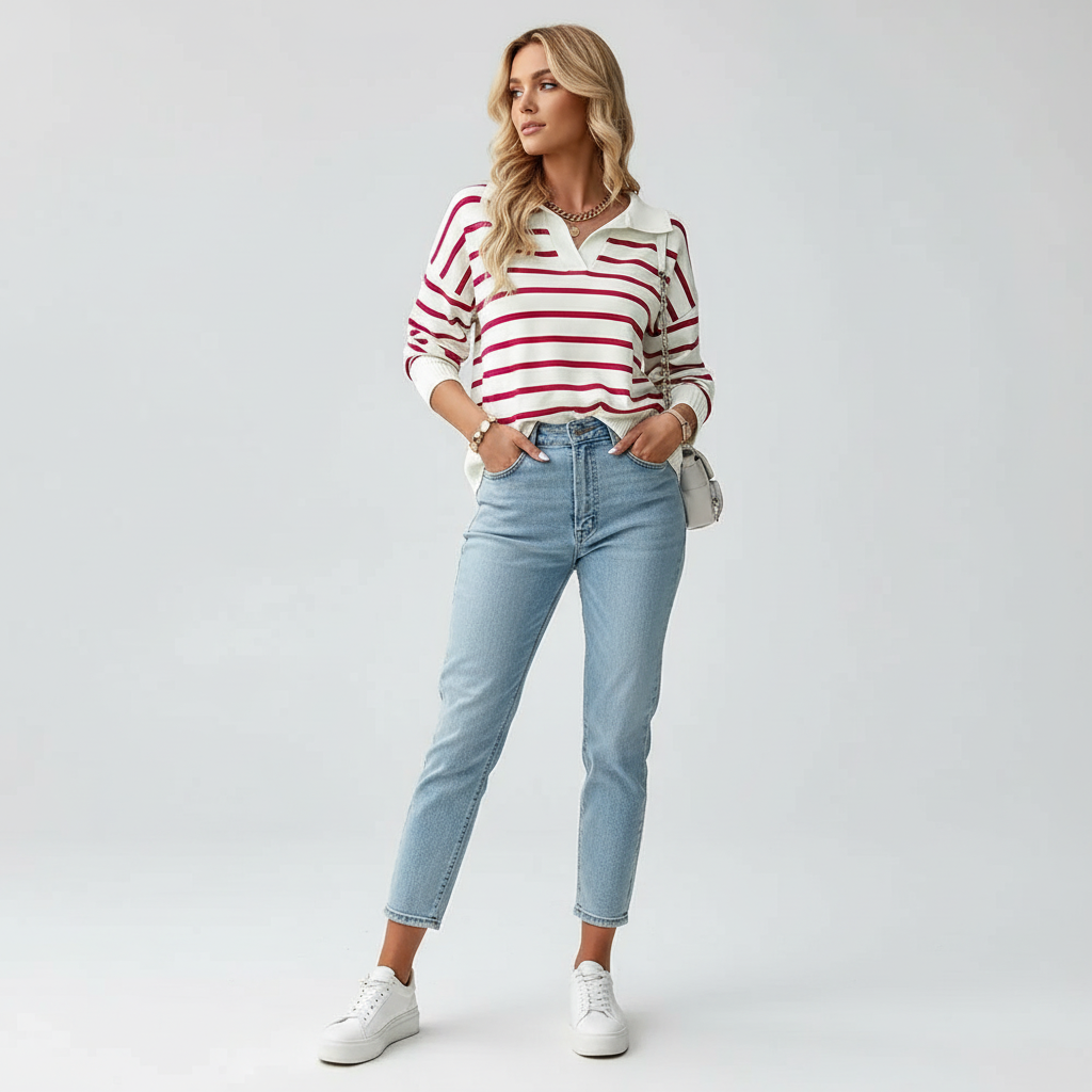 Gebreid Gestreept Poloshirt – Dames