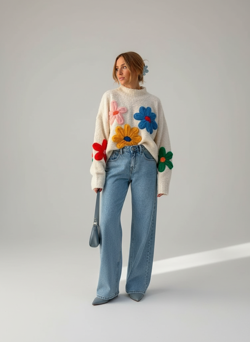 Kleurrijke Bloemen Gebreide Dames Trui – Trendy Knitwear Stijl