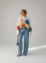 Kleurrijke Bloemen Gebreide Dames Trui – Trendy Knitwear Stijl