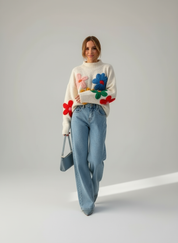 Kleurrijke Bloemen Gebreide Dames Trui – Trendy Knitwear Stijl