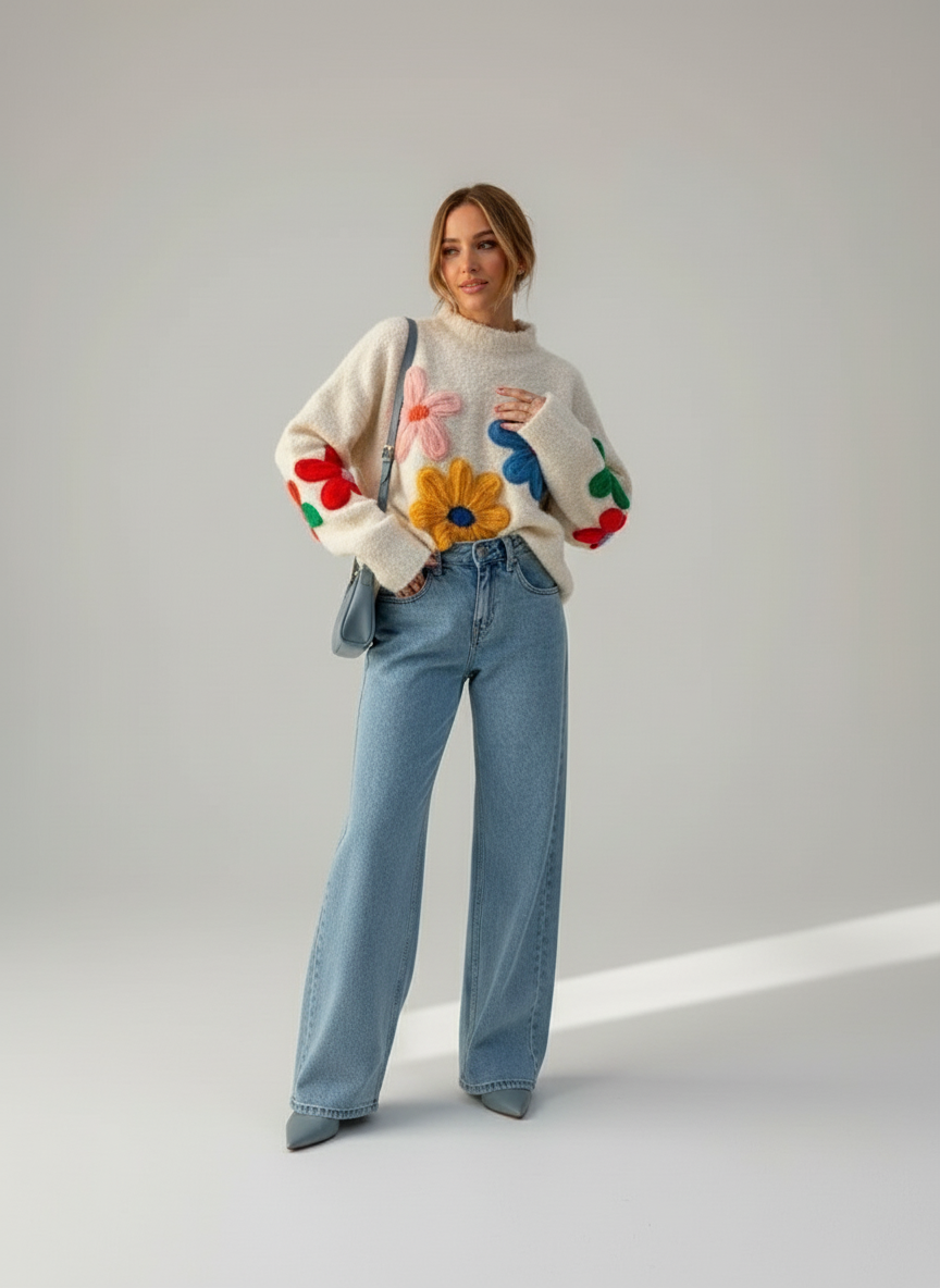 Kleurrijke Bloemen Gebreide Dames Trui – Trendy Knitwear Stijl