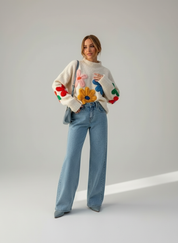 Kleurrijke Bloemen Gebreide Dames Trui – Trendy Knitwear Stijl