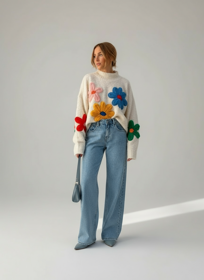 Kleurrijke Bloemen Gebreide Dames Trui – Trendy Knitwear Stijl