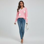 V-Hals Dames Trui met Bloemenprint