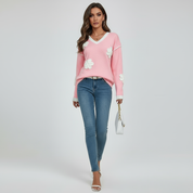 V-Hals Dames Trui met Bloemenprint