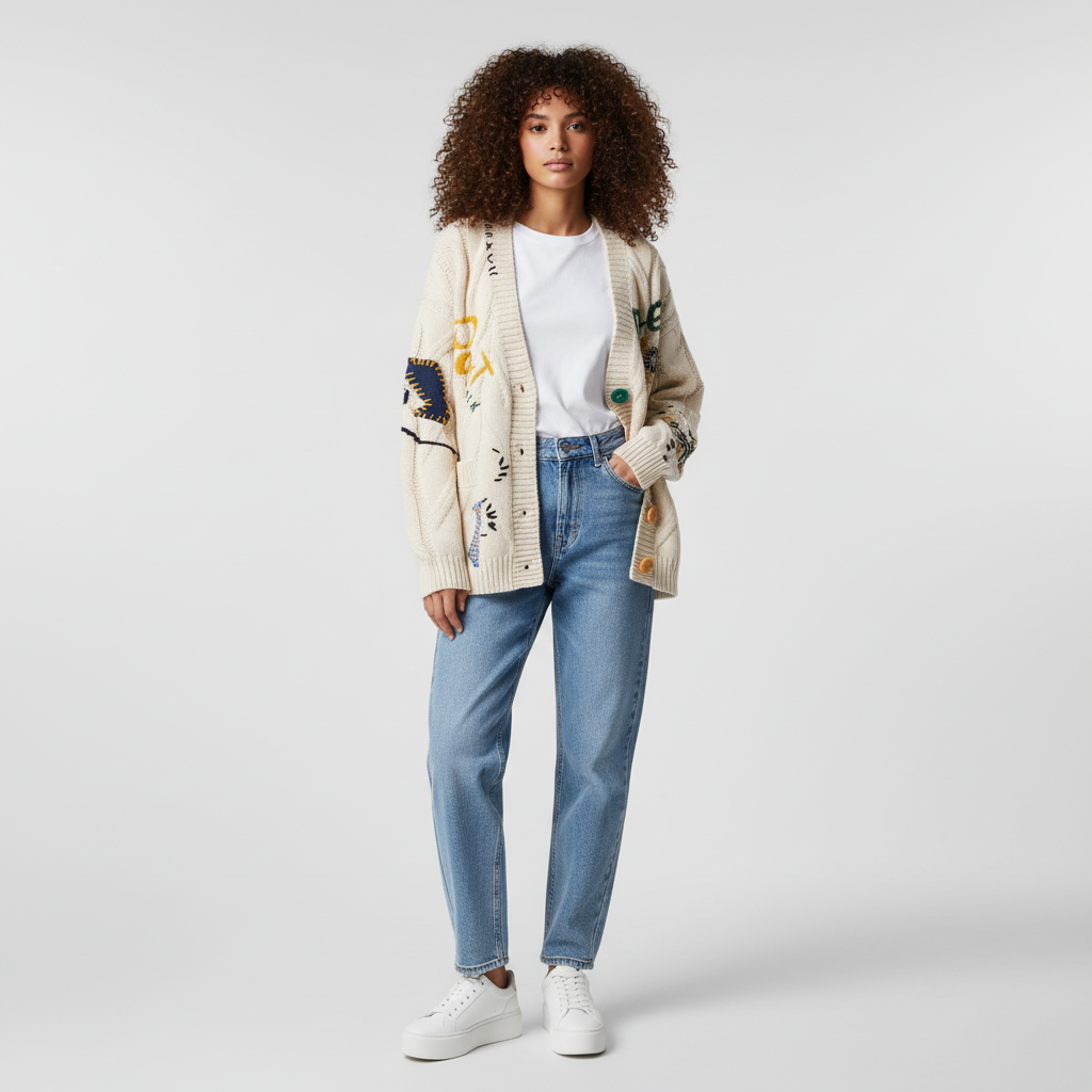 Kabelgebreid Vest met Unieke Patchwork Details