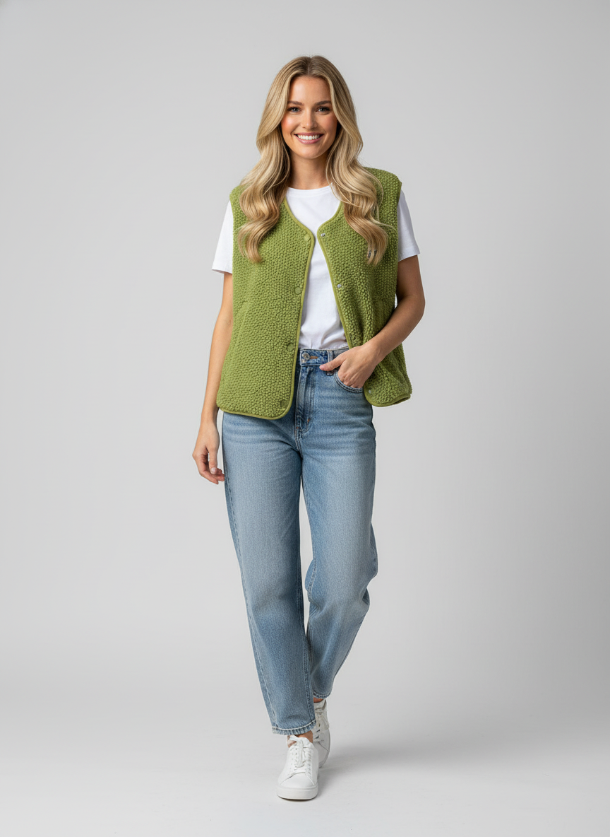 Ovelia Dames Bodywarmer – Trendy Wollen Gilet met Knopen en Elegante V-Hals