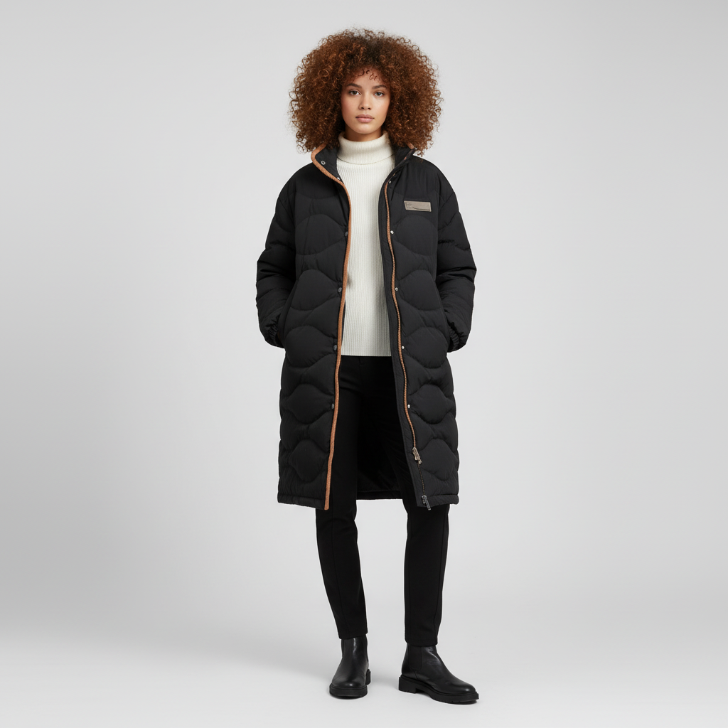 Lange Dames Winterjas – Gewatteerde Jas met Golvende Stiksels