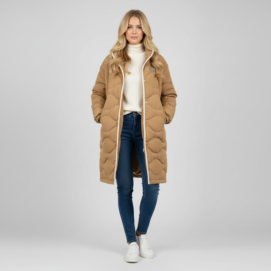 Lange Dames Winterjas – Gewatteerde Jas met Golvende Stiksels