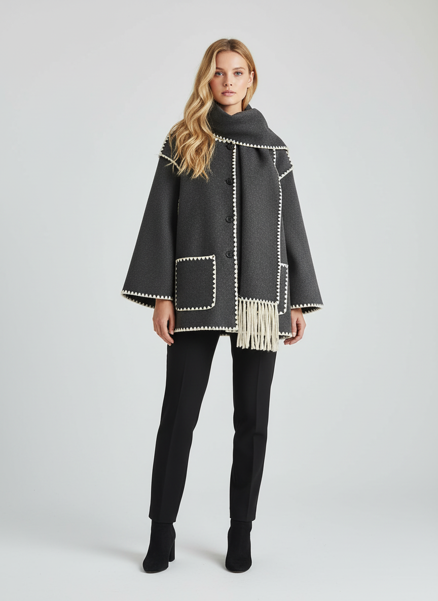 Dames Jacket met Contrast Trim – met Bijpassende Sjaal