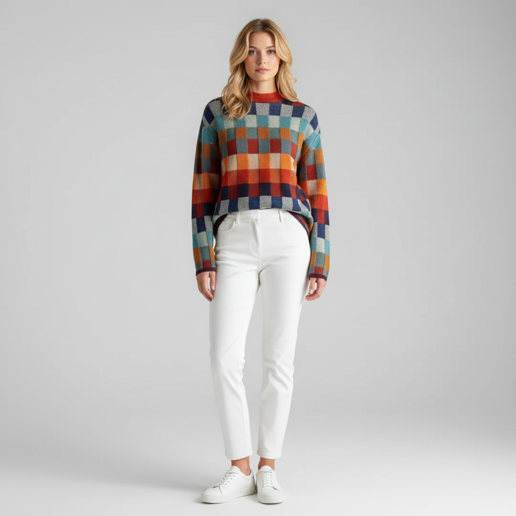 Gebreide Dames Trui – Loose Fit Coltrui met Ruitpatroon