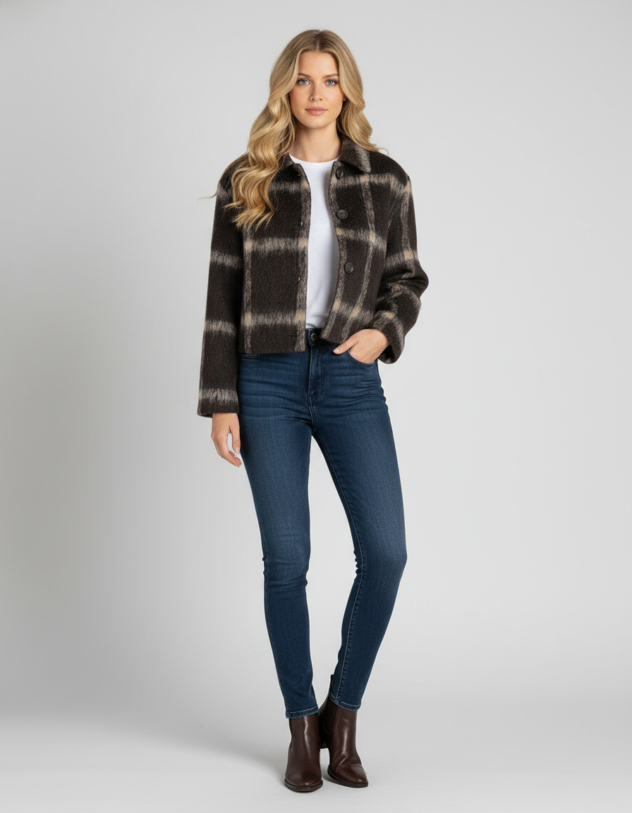 Bruin Geruit Dames Jacket – Single-Breasted Jas