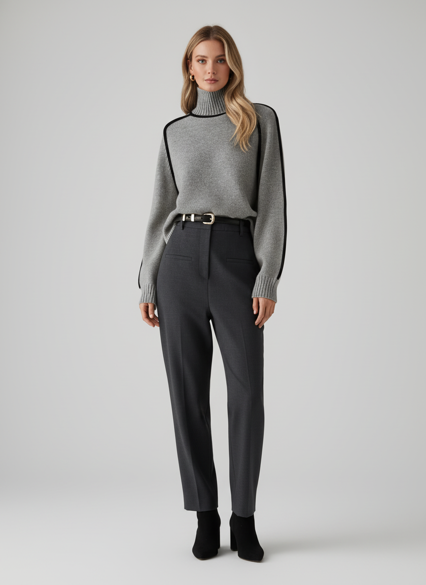 Gebreide Dames Sweater met Contrastbiezen