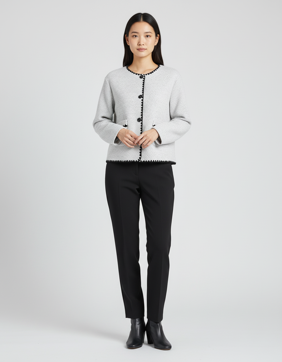 Tijdloos Grijs Gebreid Jasje met Contrasterende Rand