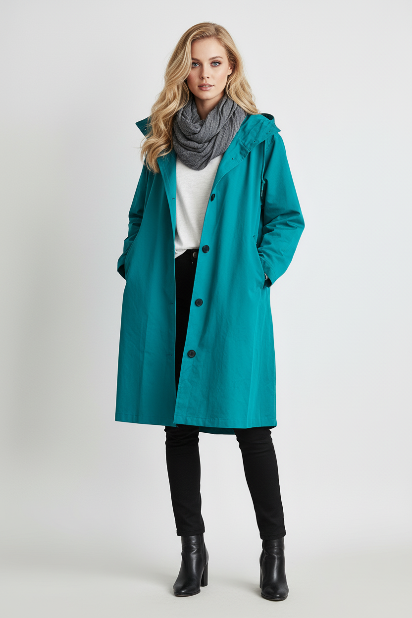Regenjas voor Dames – Waterafstotende Jas met Capuchon, Knoopsluiting & Losse Pasvorm