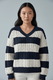 Gestreepte V-hals Trui voor Dames – Zachte Gebreide Sweater