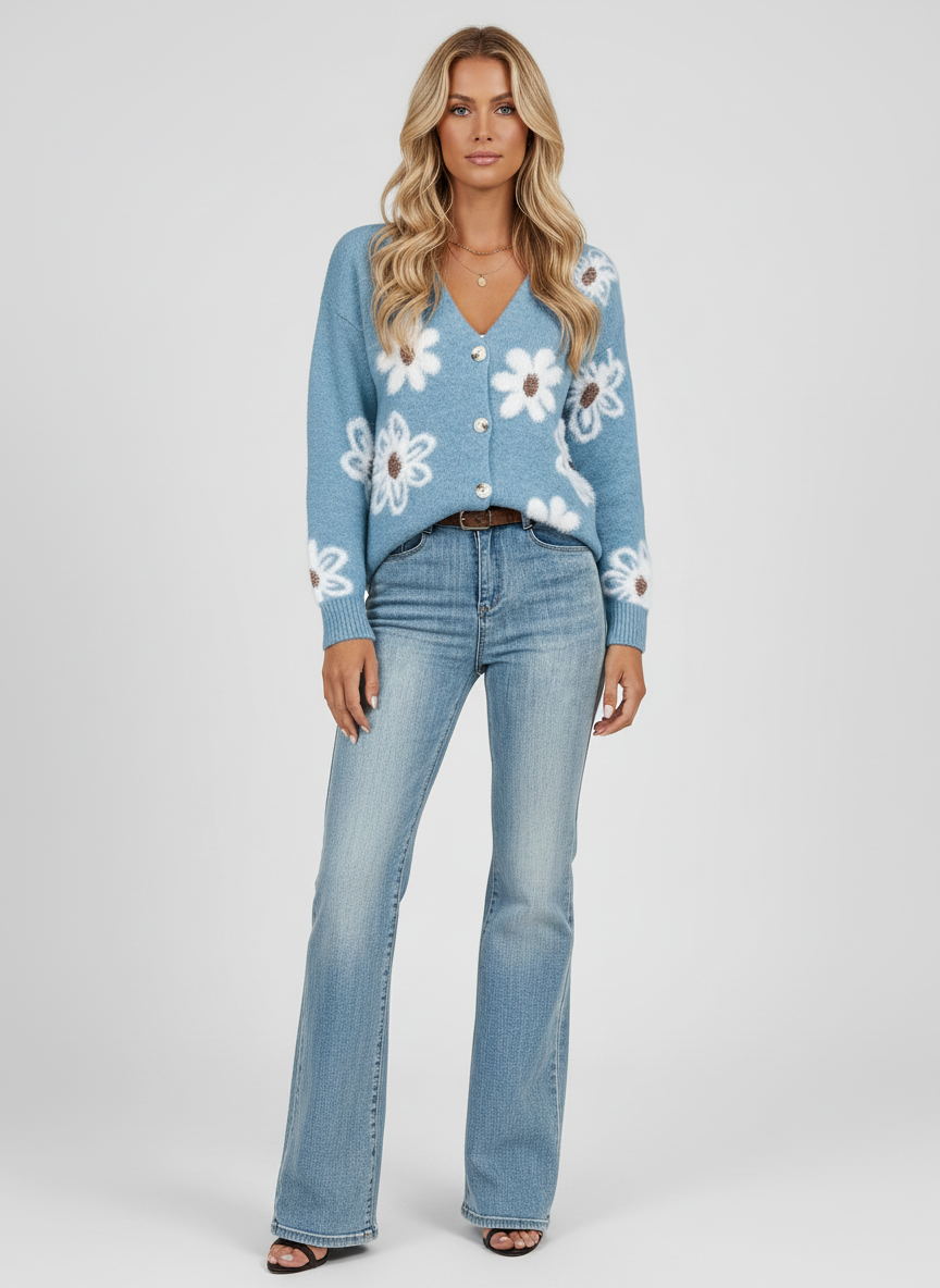 Bloemige Gebreide Cardigan voor Dames – met Flower Print