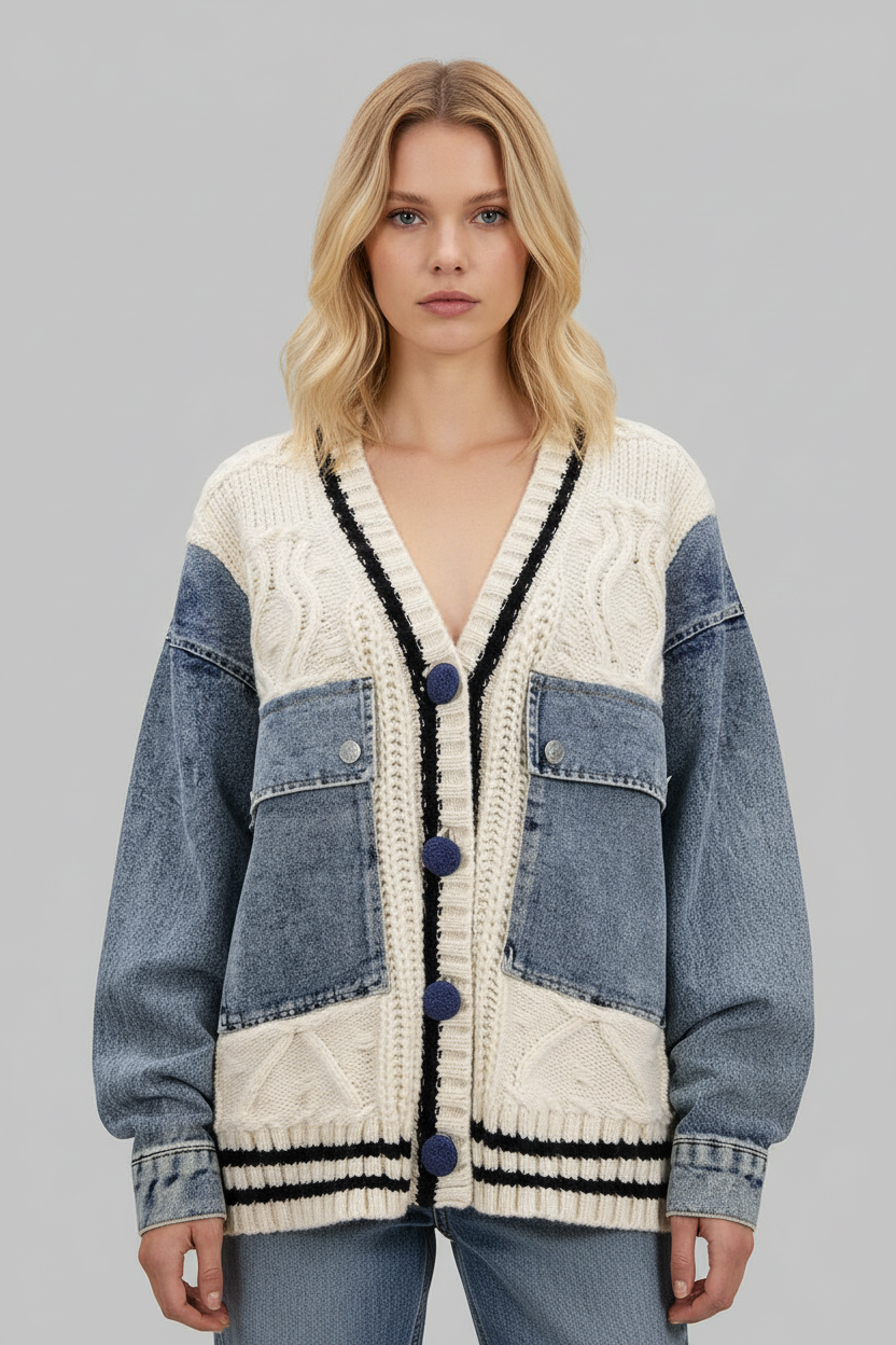 Patchwork Denim Gebreide Jas voor Dames – Denim Outerwear