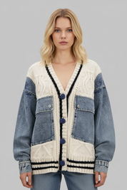 Patchwork Denim Gebreide Jas voor Dames – Denim Outerwear