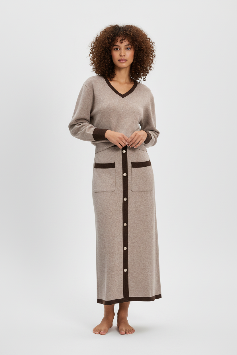 Gebreide Dames Set – Contrast Trim Knit Top & Midi Rok