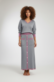 Gebreide Dames Set – Contrast Trim Knit Top & Midi Rok