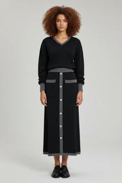 Gebreide Dames Set – Contrast Trim Knit Top & Midi Rok
