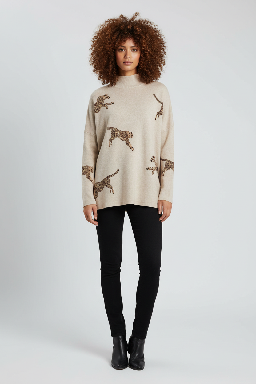 Leopard Print Relaxed Sweatshirt voor Dames – Comfortabele Trui met Split