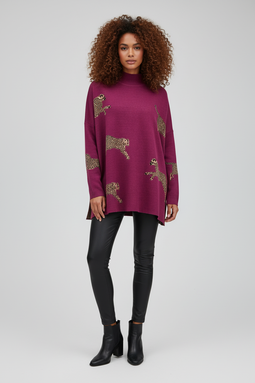 Leopard Print Relaxed Sweatshirt voor Dames – Comfortabele Trui met Split