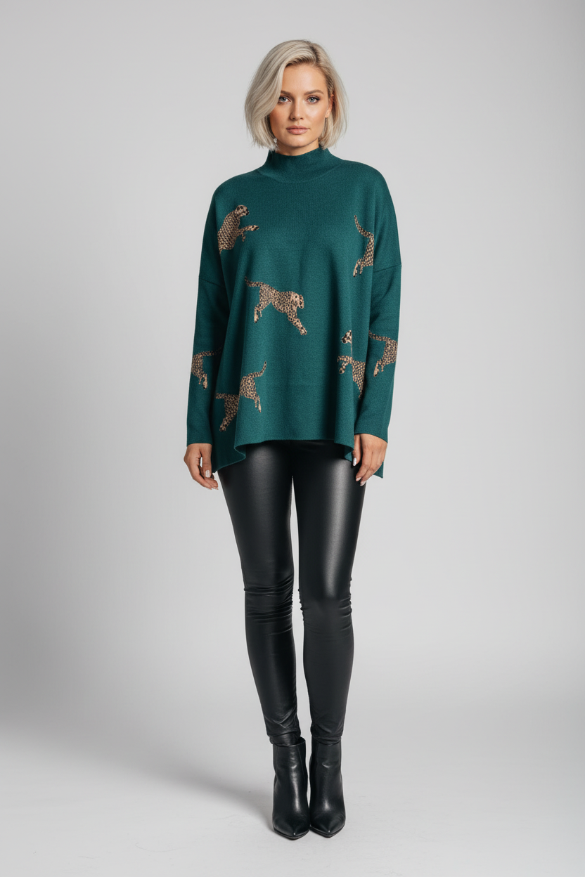 Leopard Print Relaxed Sweatshirt voor Dames – Comfortabele Trui met Split