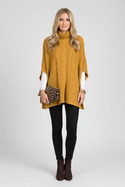 Gebreide Poncho voor Dames – Hoge Kraag & Klassiek Kabelpatroon