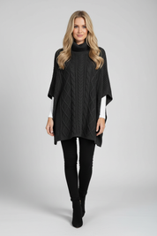 Gebreide Poncho voor Dames – Hoge Kraag & Klassiek Kabelpatroon