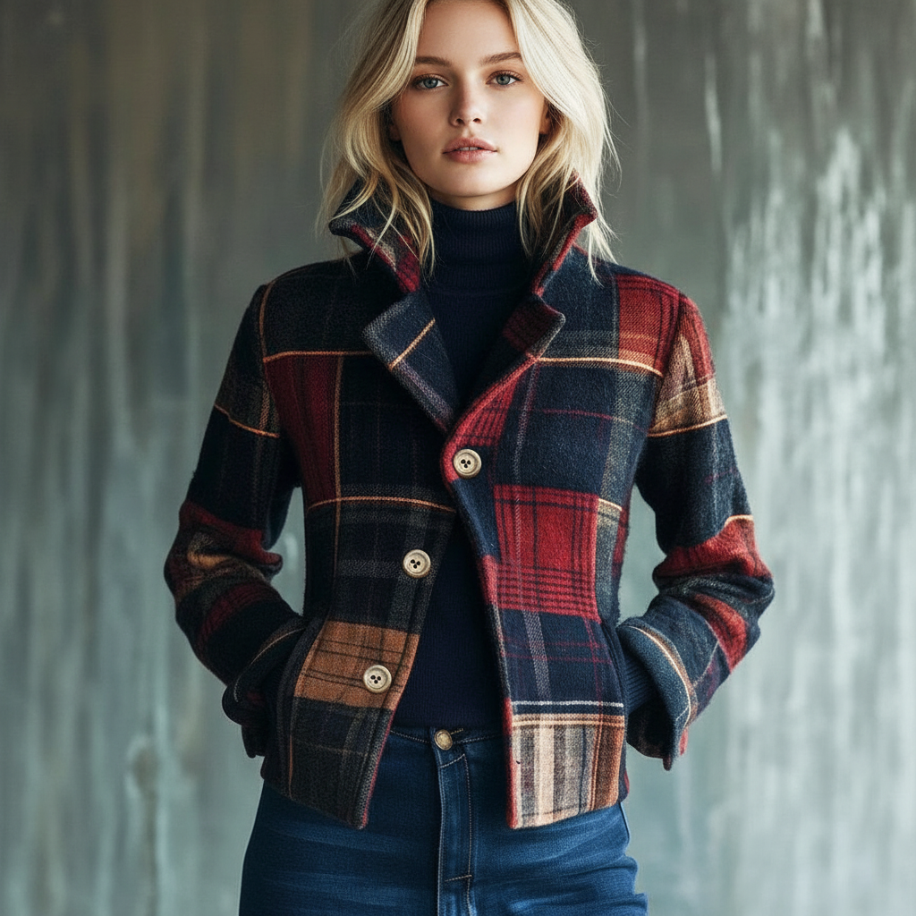 Vintage Geruite Dames Jas – Casual Button-Down Jack met Lange Mouwen