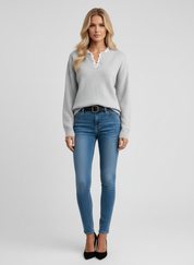 Stijlvolle Dames V-hals Trui – Gebreide Sweater met Elegante Kanten Rand