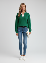 Stijlvolle Dames V-hals Trui – Gebreide Sweater met Elegante Kanten Rand