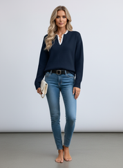 Stijlvolle Dames V-hals Trui – Gebreide Sweater met Elegante Kanten Rand