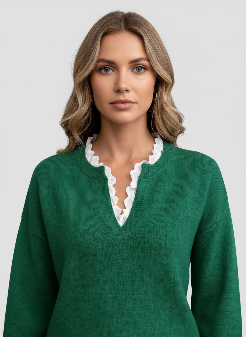 Stijlvolle Dames V-hals Trui – Gebreide Sweater met Elegante Kanten Rand
