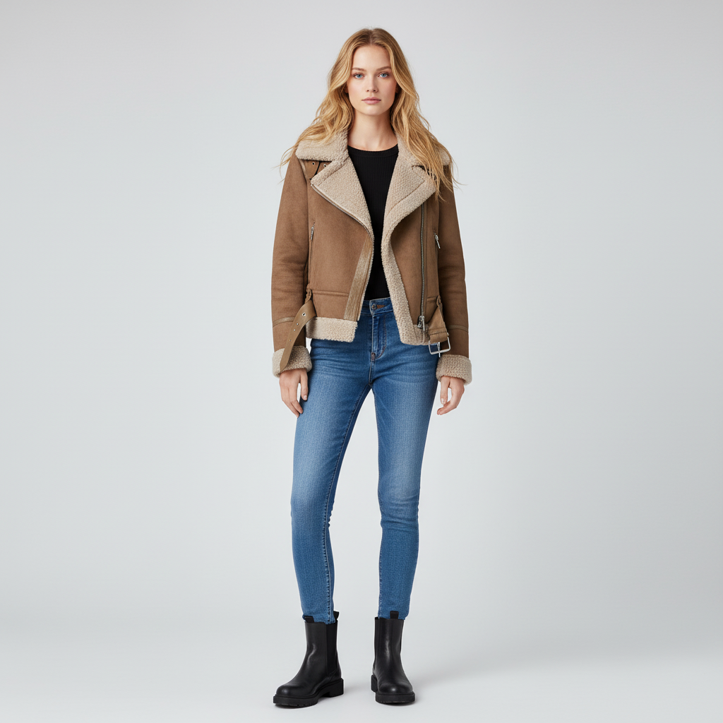 Bikerjas Dames met Imitatiebont | Oversized Suède Look & Taille-riem