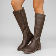 Kniehoge Dameslaarzen met Gesp – Lage Hak Riding Boots met Rits aan de Zijkant